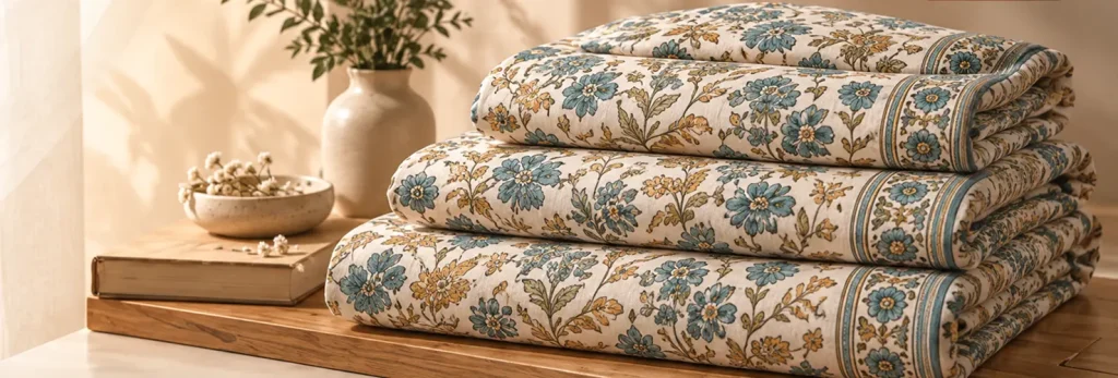 Stack of hand block-printed Sanganeri bedsheets folded on a wooden bench