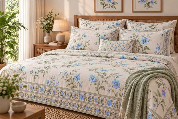 Amber Jaal hand block-printed bedsheet — Blue