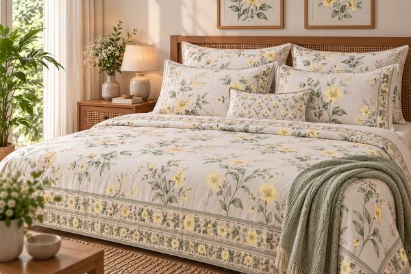 Amber Jaal hand block-printed bedsheet — Yellow