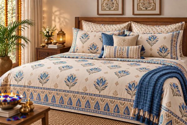 Diya Utsav hand block-printed bedsheet — Blue