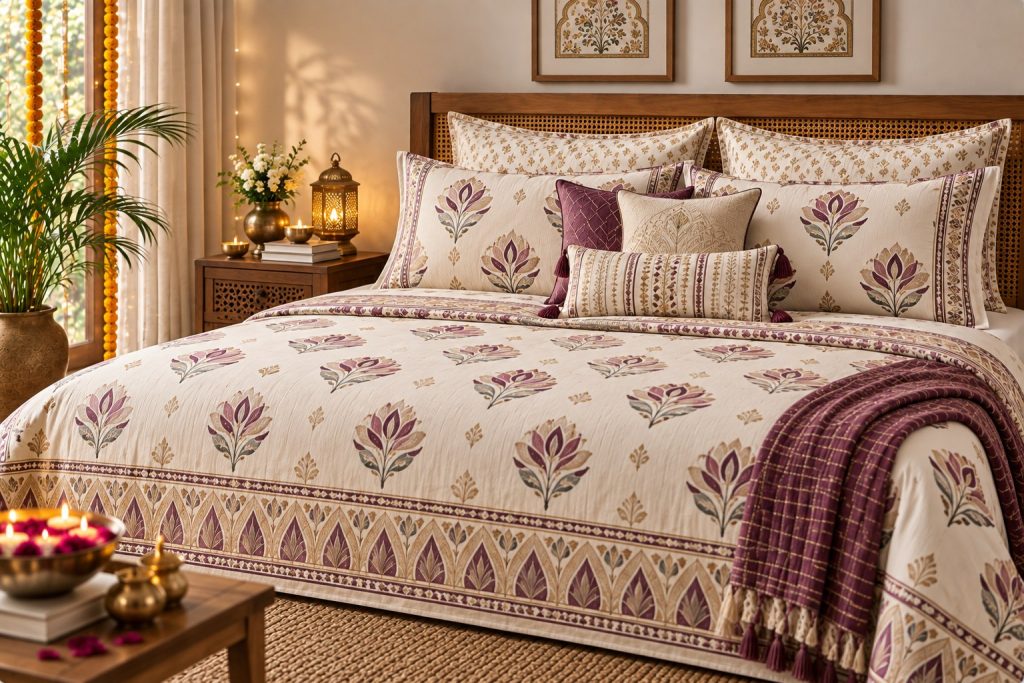 Diya Utsav hand block-printed bedsheet — Pink