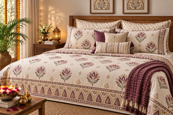 Diya Utsav hand block-printed bedsheet — Pink