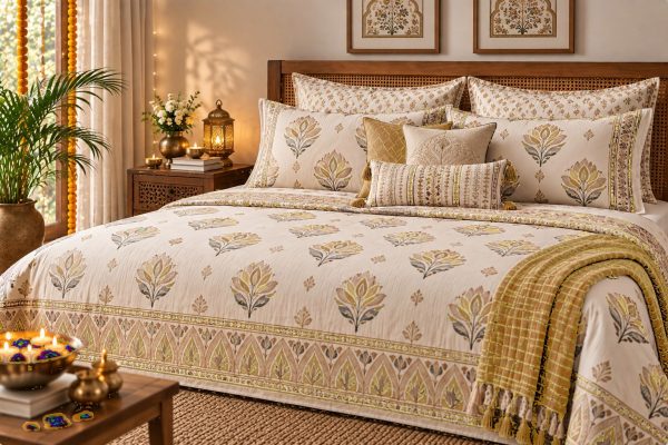 Diya Utsav hand block-printed bedsheet — Yellow