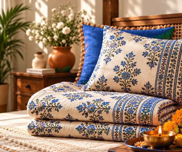 Genda Utsav hand block-printed bedsheet — Blue
