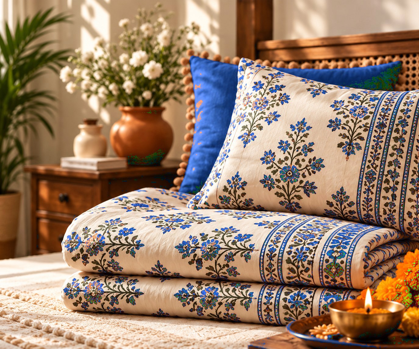 Genda Utsav hand block-printed bedsheet — Blue