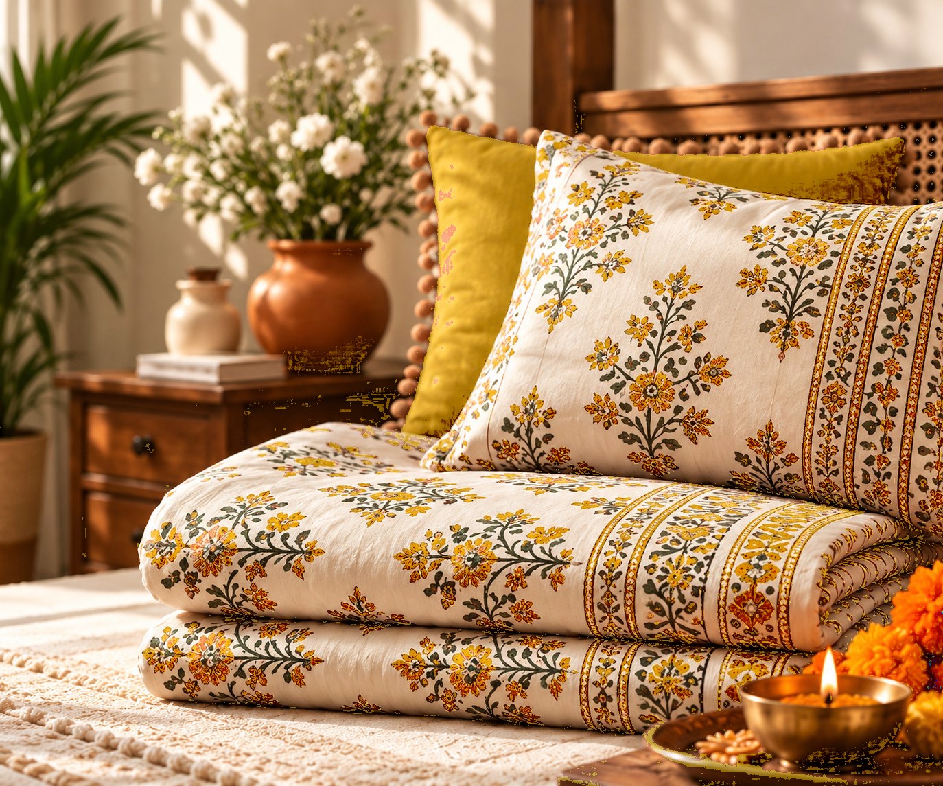 Genda Utsav hand block-printed bedsheet — Yellow