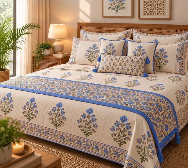 Gulab Kinari 5 Piece Set hand block-printed bedsheet — Blue