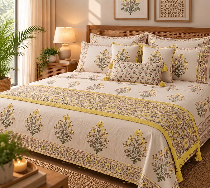 Gulab Kinari 5 Piece Set hand block-printed bedsheet — Yellow