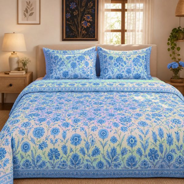 Gulabi Buta hand block-printed bedsheet — Blue