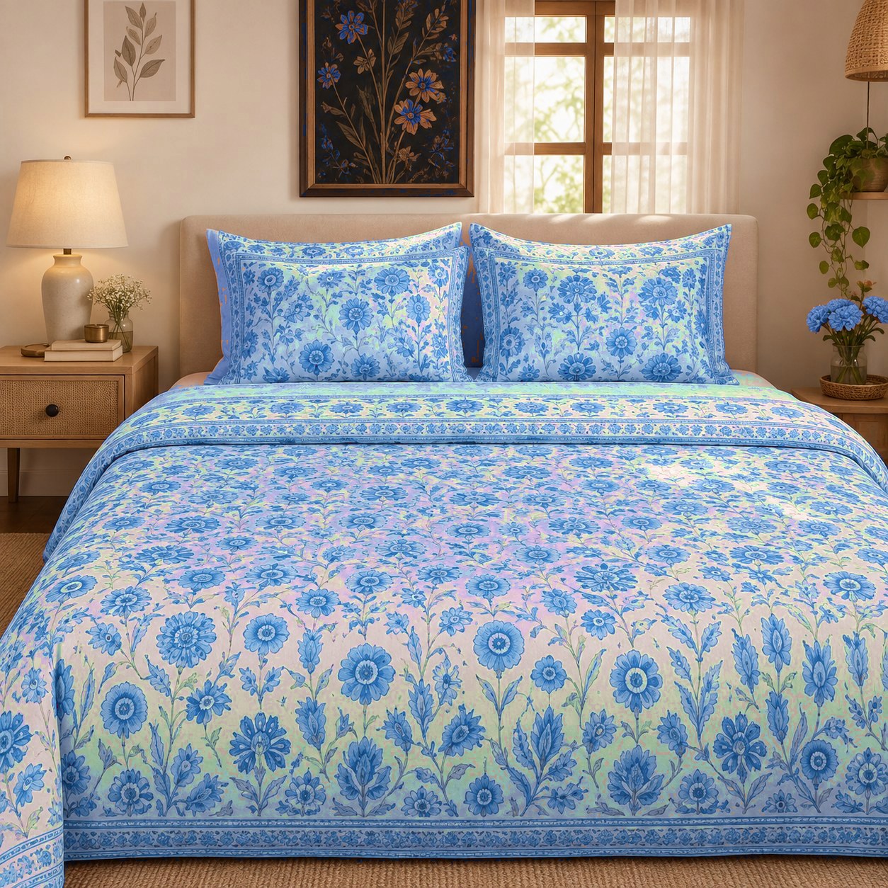 Gulabi Buta hand block-printed bedsheet — Blue