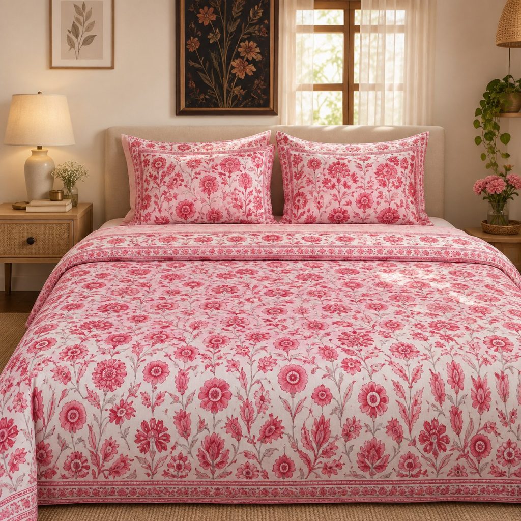 Gulabi Buta hand block-printed bedsheet — Pink