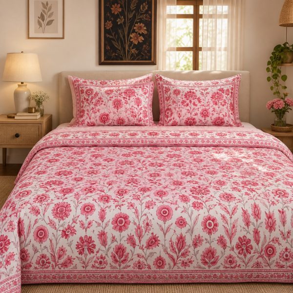Gulabi Buta hand block-printed bedsheet — Pink