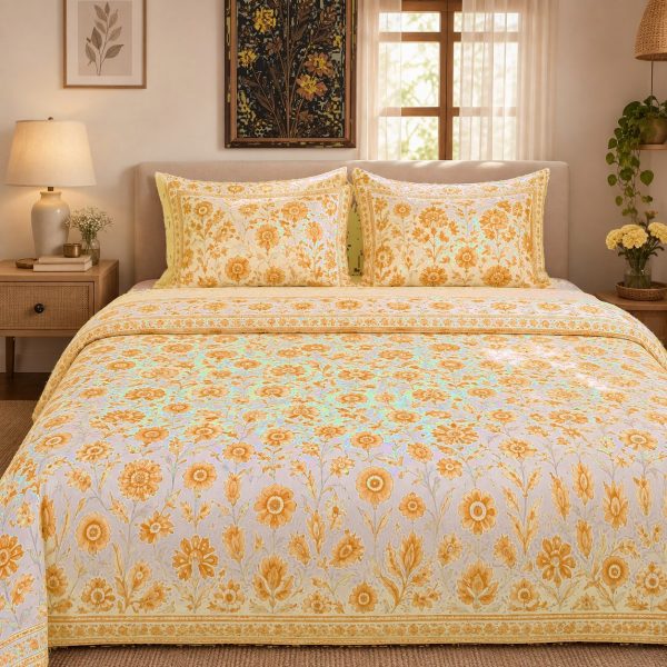 Gulabi Buta hand block-printed bedsheet — Yellow