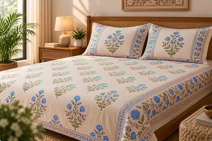 Hari Buti 2 Piece Set hand block-printed bedsheet — Blue