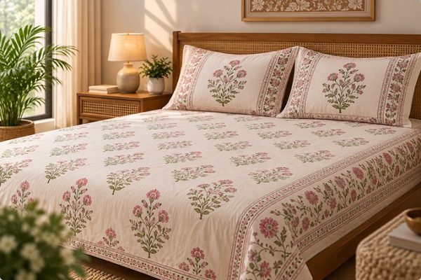 Hari Buti 2 Piece Set hand block-printed bedsheet — Pink