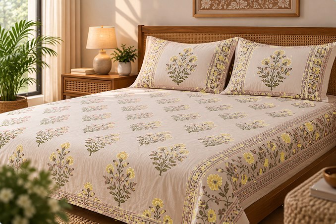 Hari Buti 2 Piece Set hand block-printed bedsheet — Yellow