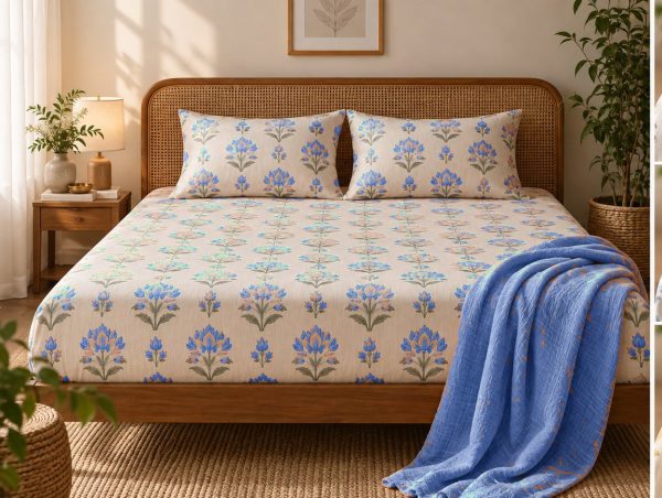 Kamal Buta hand block-printed bedsheet — Blue