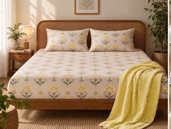Kamal Buta hand block-printed bedsheet — Yellow