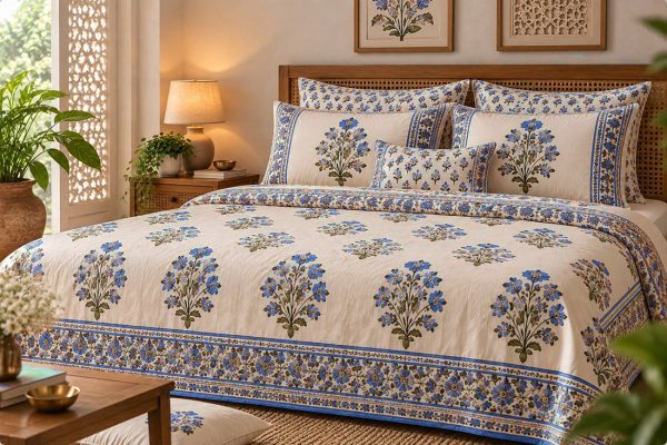 Kesar Buta hand block-printed bedsheet — Blue