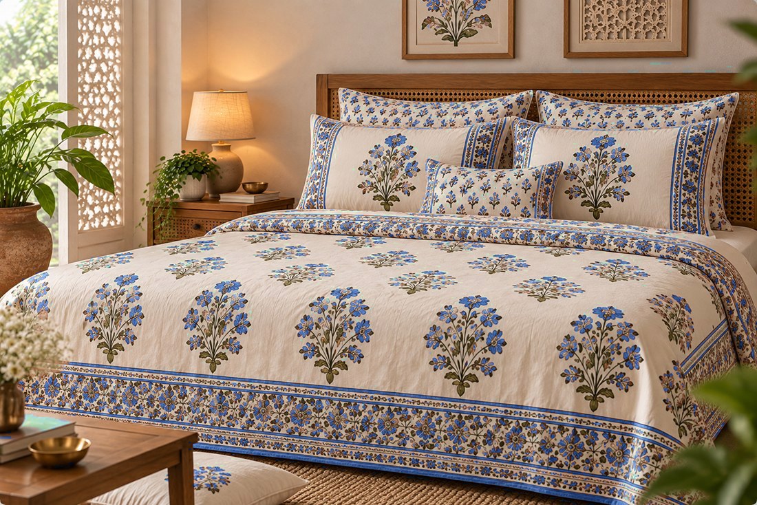 Kesar Buta hand block-printed bedsheet — Blue