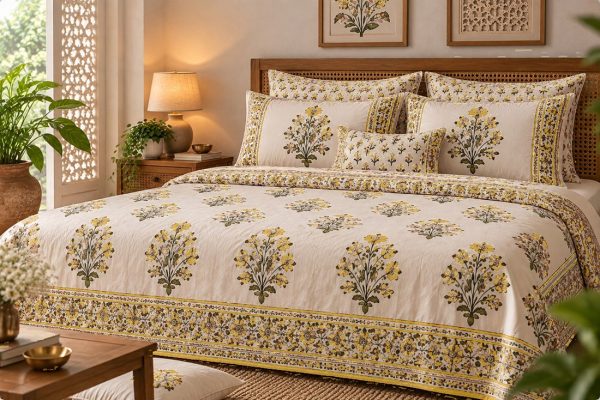Kesar Buta hand block-printed bedsheet — Yellow