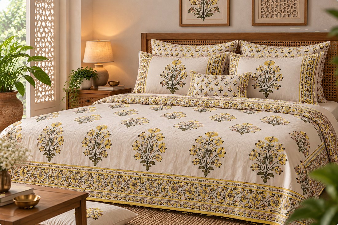 Kesar Buta hand block-printed bedsheet — Yellow
