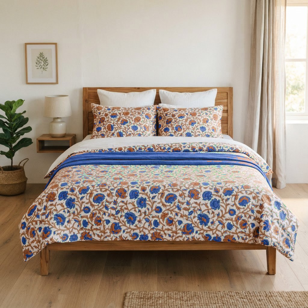 Lal Phulwari hand block-printed bedsheet — Blue