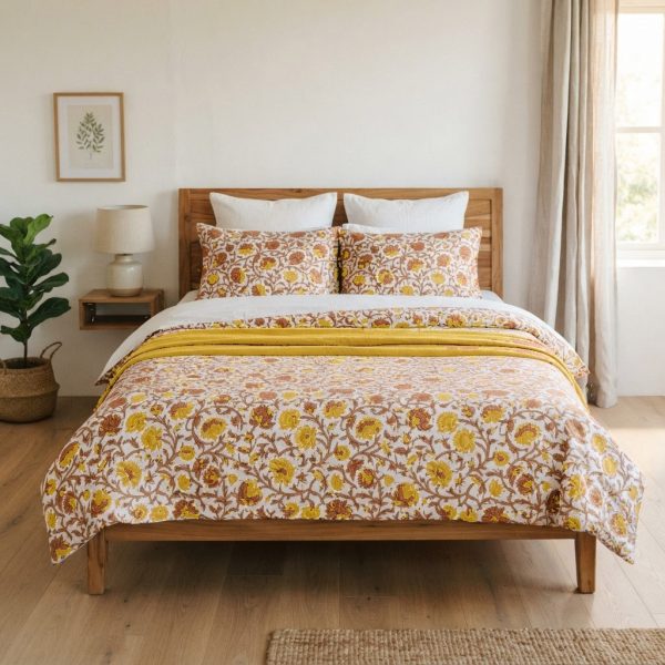 Lal Phulwari hand block-printed bedsheet — Yellow