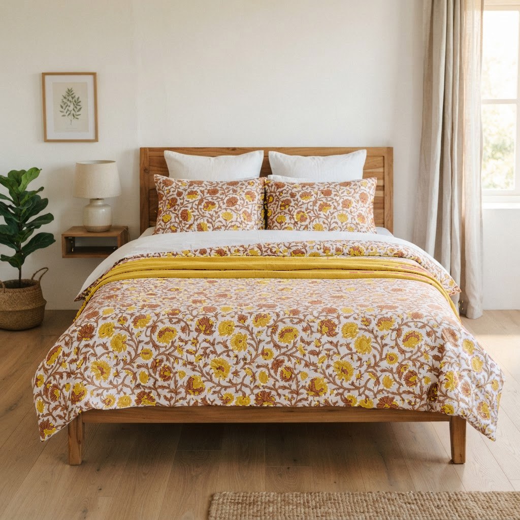 Lal Phulwari hand block-printed bedsheet — Yellow