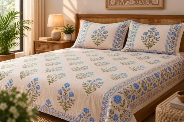 Manzil Buti hand block-printed bedsheet — Blue