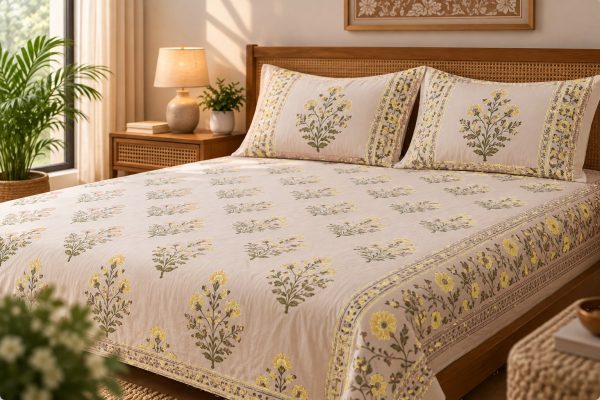 Manzil Buti hand block-printed bedsheet — Yellow