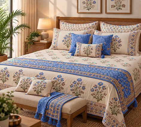 Rangoli Bel 6 Piece Set hand block-printed bedsheet — Blue