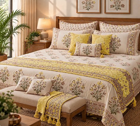 Rangoli Bel 6 Piece Set hand block-printed bedsheet — Yellow
