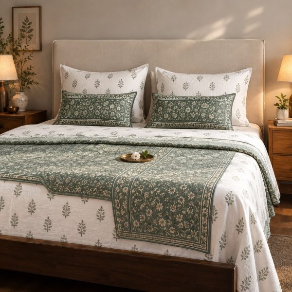 Sonchidi Booti hand block-printed bedsheet — Green