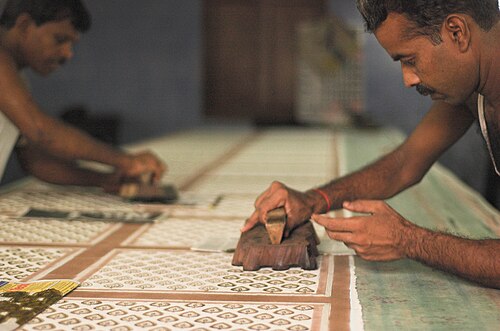 Artisan hand block-printing cotton fabric