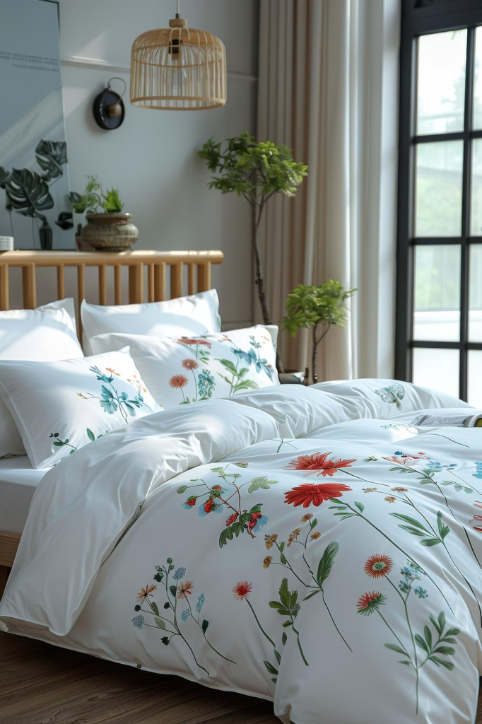 Sanganeri floral print bedding on a bed