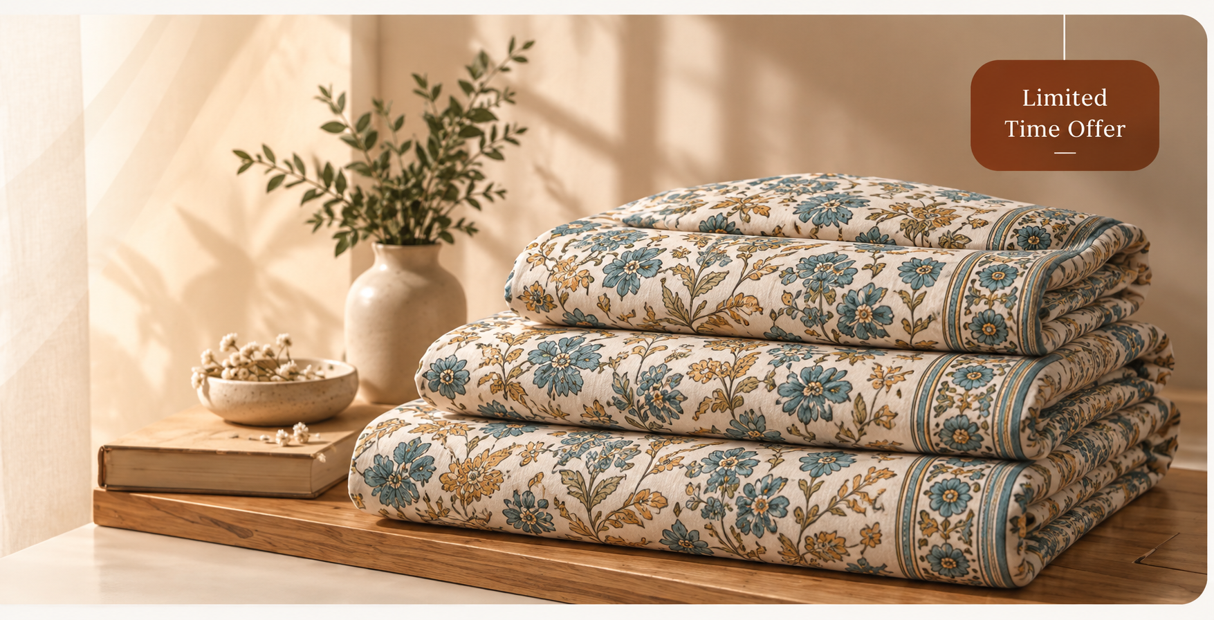 Stack of folded Sanganeri block-print bedsheets